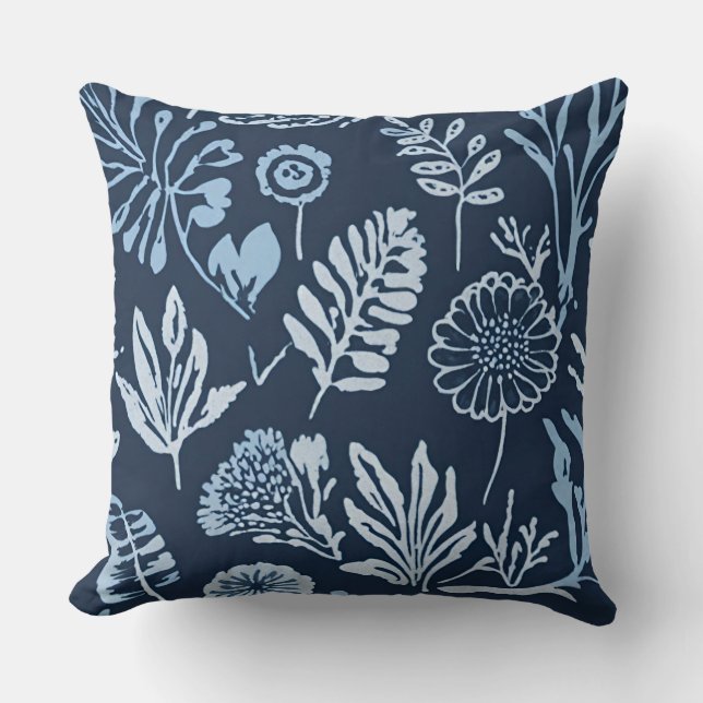 Navy Blue Light Blue Botanical Floral Throw Pillow (Front)