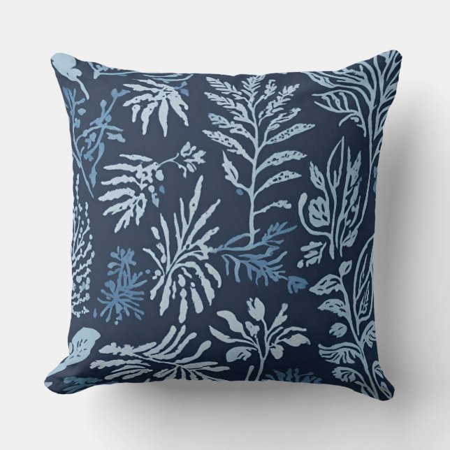 Navy Blue Light Blue Botanical Print Throw Pillow (Front)