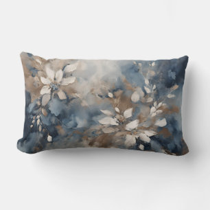 Navy Blue Light Blue Brown Modern Floral Lumbar Pillow