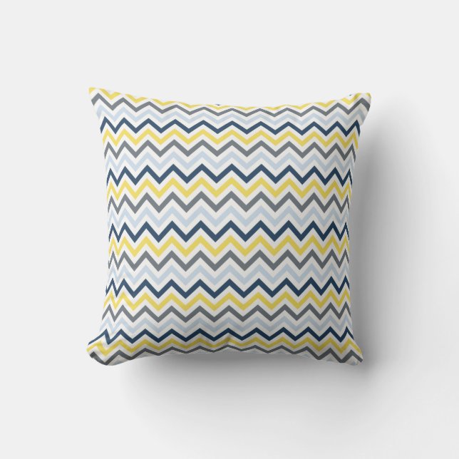 Navy Blue, Light Blue, Yellow, and Grey Chevron Throw Pillow (Front)