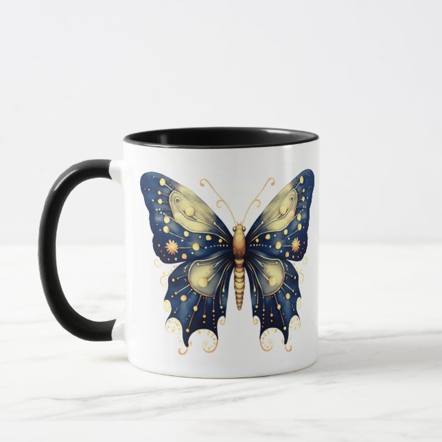 Navy Blue Light Green Gold Butterfly Halloween Mug (Left)