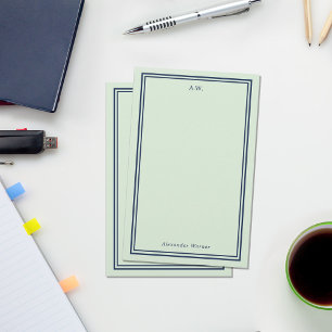 Navy Blue & Light Green Monogrammed Stationery