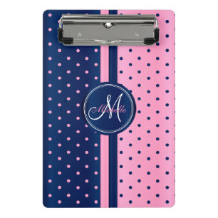 Navy Blue & Light Pink Polka Dots - Monogram Mini Clipboard