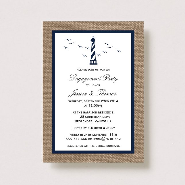 Navy Blue Lighthouse On Burlap Nautical Engagement Invitation (Creator Uploaded)