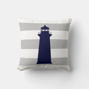 Navy Blue Lighthouse On Grey And White Stripes Throw Pillow