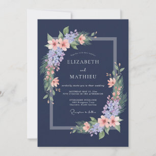 Navy Blue Lilac Blossom Romantic Wedding Invitation