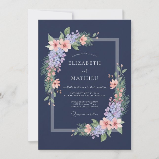 Navy Blue Lilac Blossom Romantic Wedding Invitation (Front)