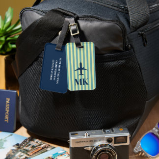Navy Blue Lime Green Airplane Striped Monogrammed Luggage Tag