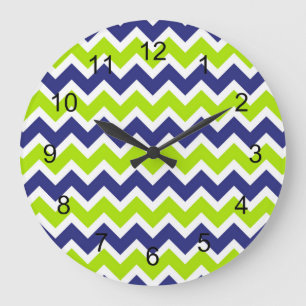 Navy blue lime green chevron clock