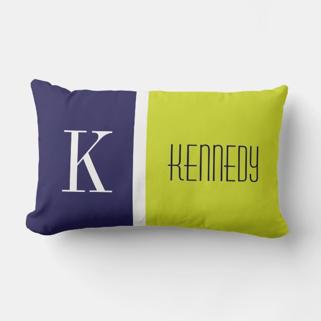 Navy Blue Lime Green Colour Block Stripe Monogram Lumbar Pillow (Front)