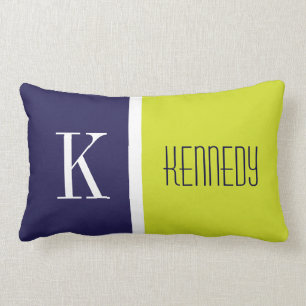 Navy Blue Lime Green Colour Block Stripe Monogram Lumbar Pillow