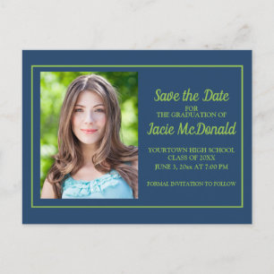 Navy Blue Lime Green Graduation Save the Date Announcement Postcard