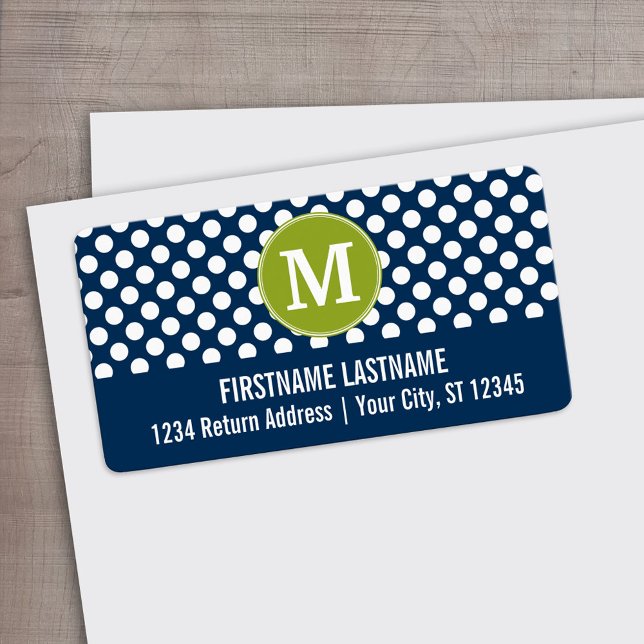 Navy Blue & Lime Green Polka Dots Custom Monogram Label (Custom Address Label)
