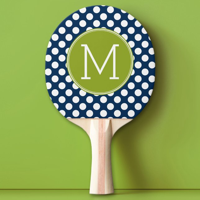 Navy Blue & Lime Green Polka Dots Custom Monogram Ping Pong Paddle (Custom Pin Pong Paddle with Photo Collage)