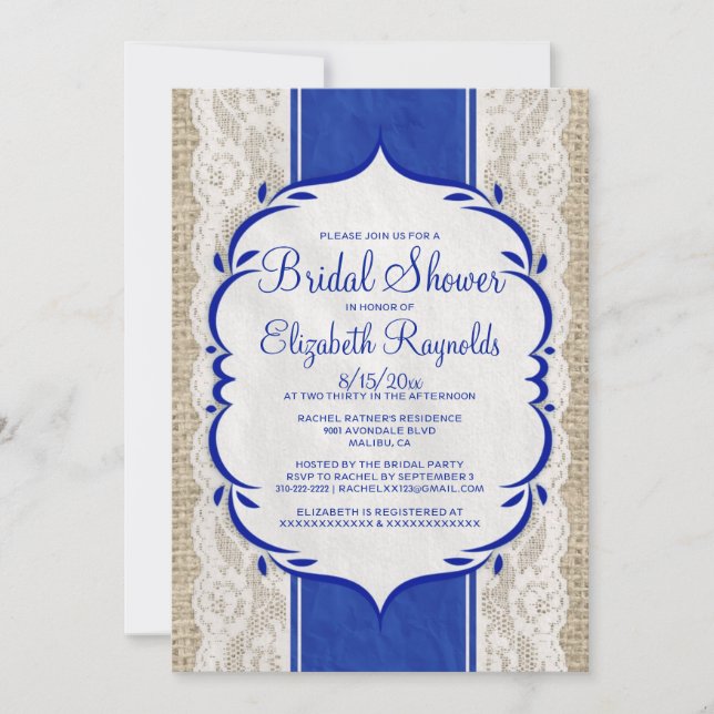Navy Blue Linen Burlap Lace Bridal Shower Invites (Front)