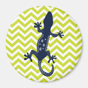 Navy Blue Lizard on Green Chevron Stripe Pattern Magnet