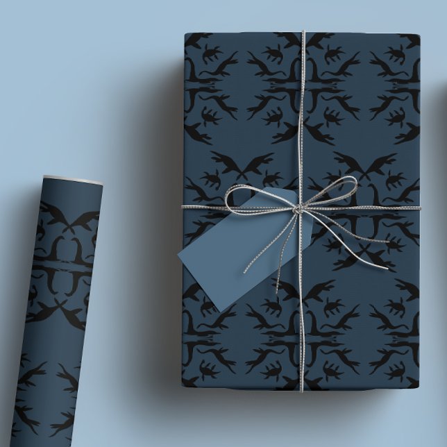 Navy Blue Loch Ness Monster Damask Wrapping Paper (Creator Uploaded)