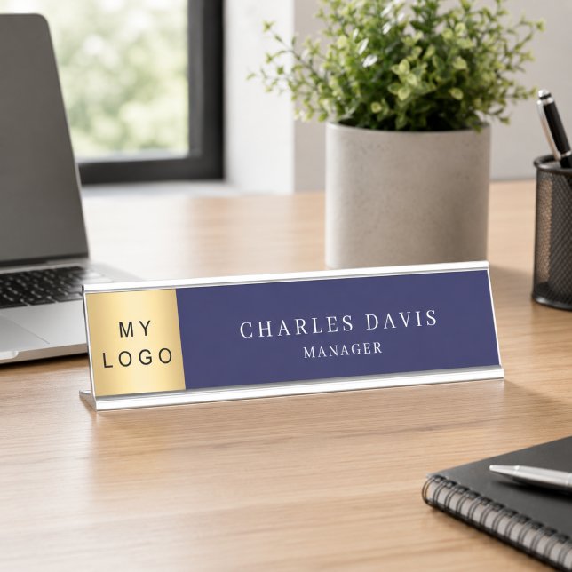 Navy blue logo office desk name plate (Creator Uploaded)