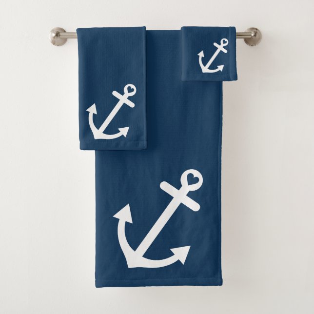 Navy Blue Love Anchor Nautical Bath Towel Set (Insitu)