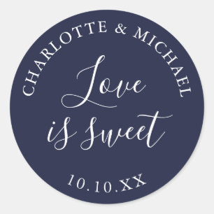 Navy Blue Love Is Sweet Wedding Favor  Classic Round Sticker