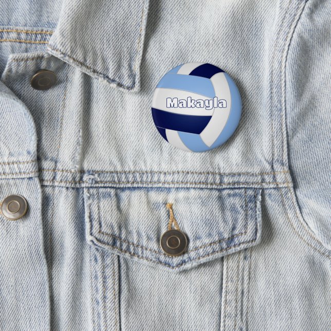 navy blue lt blue volleyball kids birthday party 2 inch round button (In Situ)