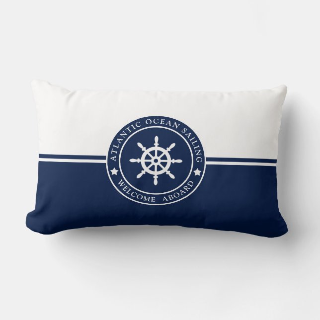 Navy Blue Lumbar Pillow with Ships Wheel Label (Front)