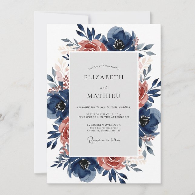 Navy Blue Lush Autumnal Wedding Invitation (Front)