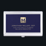 Navy Blue Luxury Gold Initial Logo Business Card Holder<br><div class="desc">Simple modern luxury design with brushed metallic gold initial logo medallion with personalized name,  title,  company name or custom text below in classic block typography on a rich navy blue background. Personalize for your custom use.</div>
