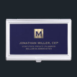 Navy Blue Luxury Gold Initial Logo Business Card Holder<br><div class="desc">Simple modern luxury design with brushed metallic gold initial logo medallion with personalized name,  title,  company name or custom text below in classic block typography on a rich navy blue background. Personalize for your custom use.</div>