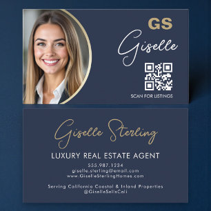 Navy Blue Luxury Real Estate Agent QR Code Photo Business Card