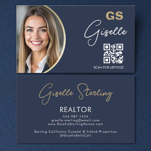 Navy Blue Luxury Realtor QR Code Photo Business Card