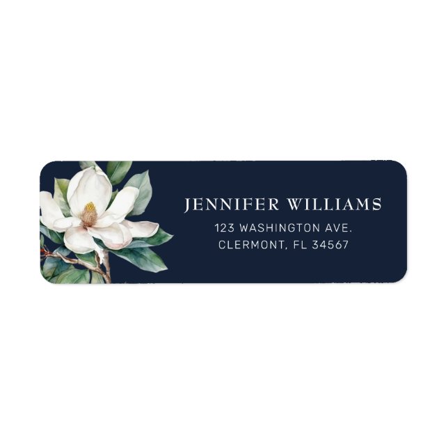 Navy Blue Magnolia Flower Return Address Labels (Front)