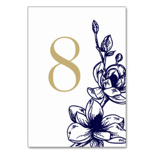 Navy Blue Magnolia Flowers Wedding Table Number