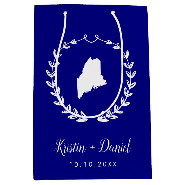 Navy Blue Maine Map Wedding Welcome Swag Medium Gift Bag (Front)