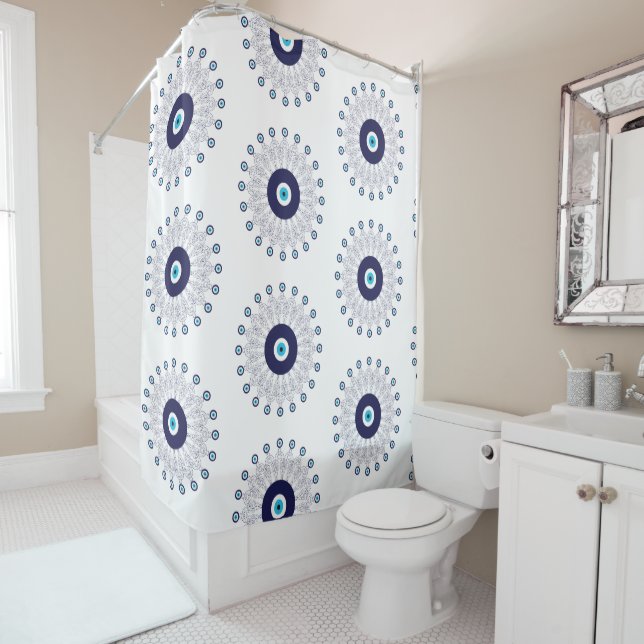 Navy Blue Mandala Evil Eye Circle Pattern Bathroom (In Situ)