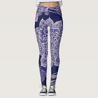 Navy blue mandala floral AI art Leggings