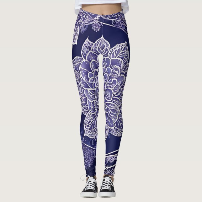 Navy blue mandala floral AI art  Leggings (Front)