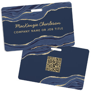 Navy Blue Marble Agate Geode Business QR Code Name Badge