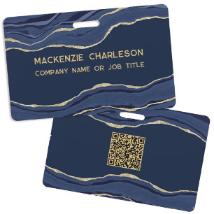 Navy Blue Marble Agate Geode Business QR Code Name Badge