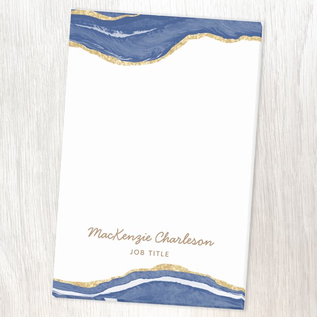 Navy Blue Marble Agate Gold Glitter Personalized Post-it Notes (Agate marble with faux gold glitter blue and white personalized name post it note)