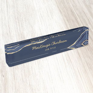 Navy Blue Marble Agate Gold Glitter Professional Nameplate