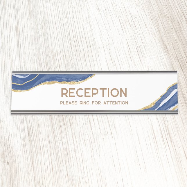Navy Blue Marble Agate Gold Glitter Reception Desk Name Plate (Blue white and gold agate marble professional custom text hotel office business name plate)