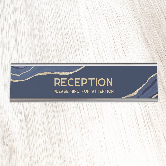 Navy Blue Marble Agate Gold Glitter Reception Desk Name Plate (Navy marble agate faux gold custom text reception please ring for attention business desk nameplate)