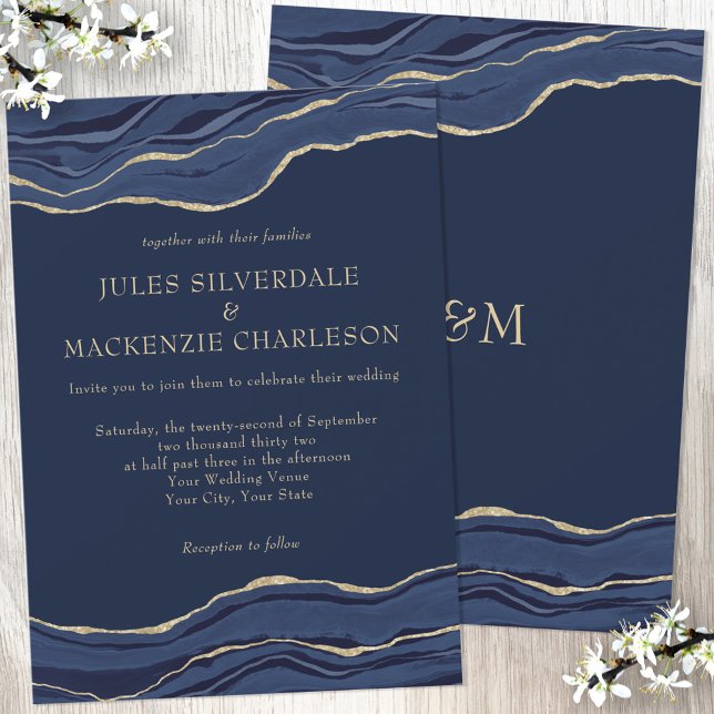  Navy Blue Marble Agate Gold Glitter Wedding Invitation (Creator Uploaded)