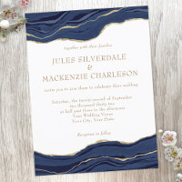 Navy Blue Marble Agate Gold Glitter Wedding Invite