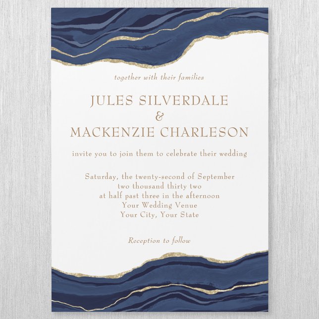 Navy Blue Marble Agate Gold Glitter Wedding Magnetic Invitation (Creator Uploaded)