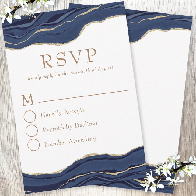 Navy Blue Marble Agate Gold Glitter Wedding RSVP Card (Creator Uploaded)
