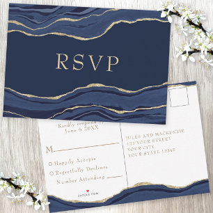 Navy Blue Marble Agate Gold Glitter Wedding RSVP Card
