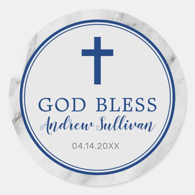 Navy Blue Marble Baptism Favour Classic Round Sticker (Front)