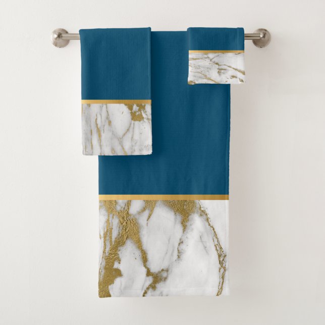 NAVY BLUE MARBLE GOLD BATHROOM TOWEL SET (Insitu)
